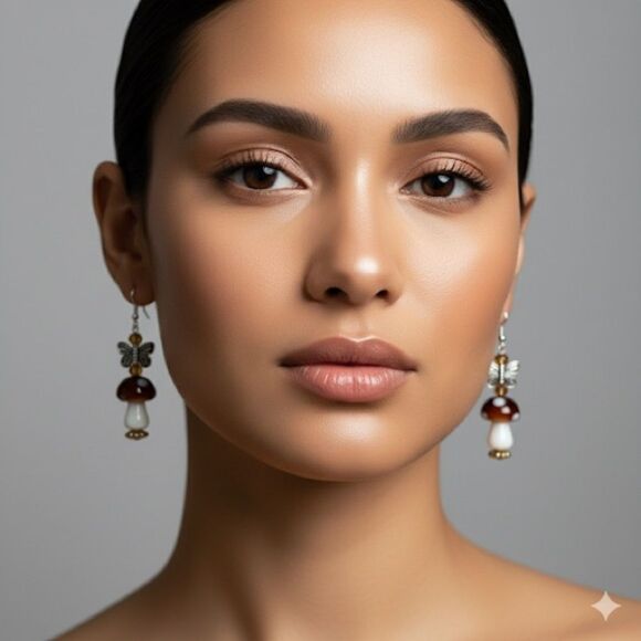 Butterfly Mushroom Earrings, Cottagecore, Dangle, Glass, Gold, Silver - Picture 11 of 11